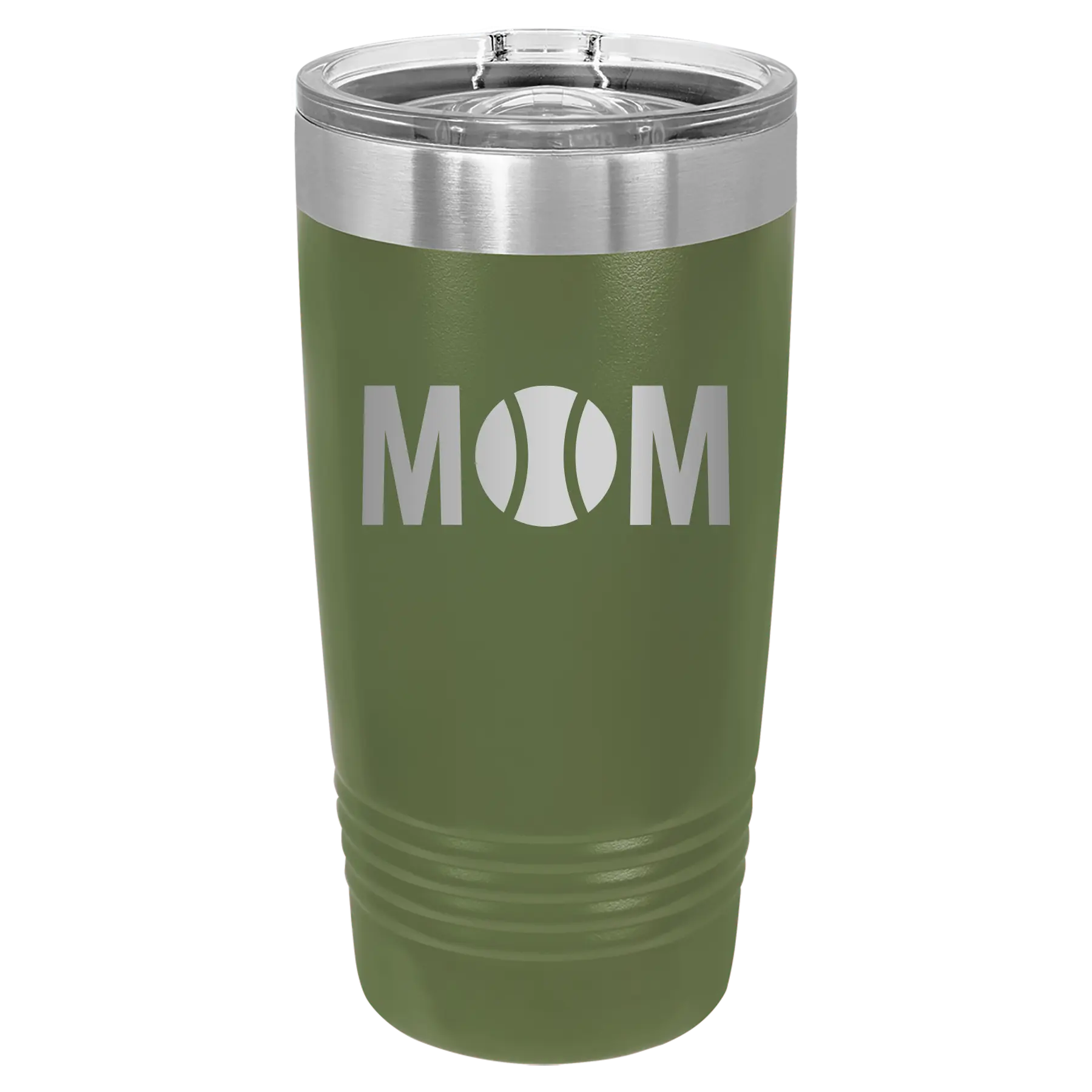 Laser etched olive green 20 oz vacuum insulated tumbler with 'Mom Tennis' design
