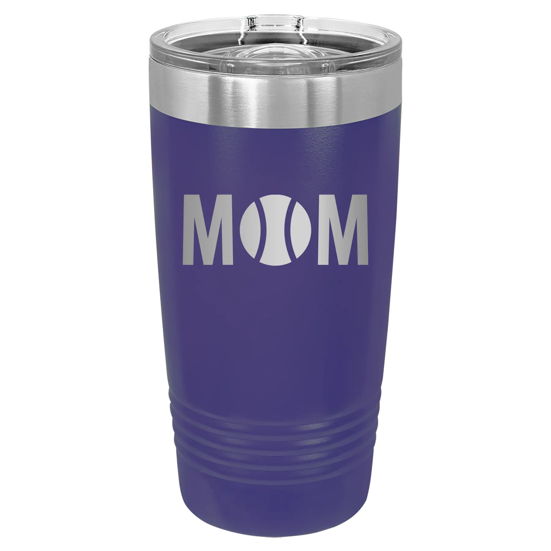 Laser etched purple 20 oz vacuum insulated tumbler with 'Mom Tennis' design