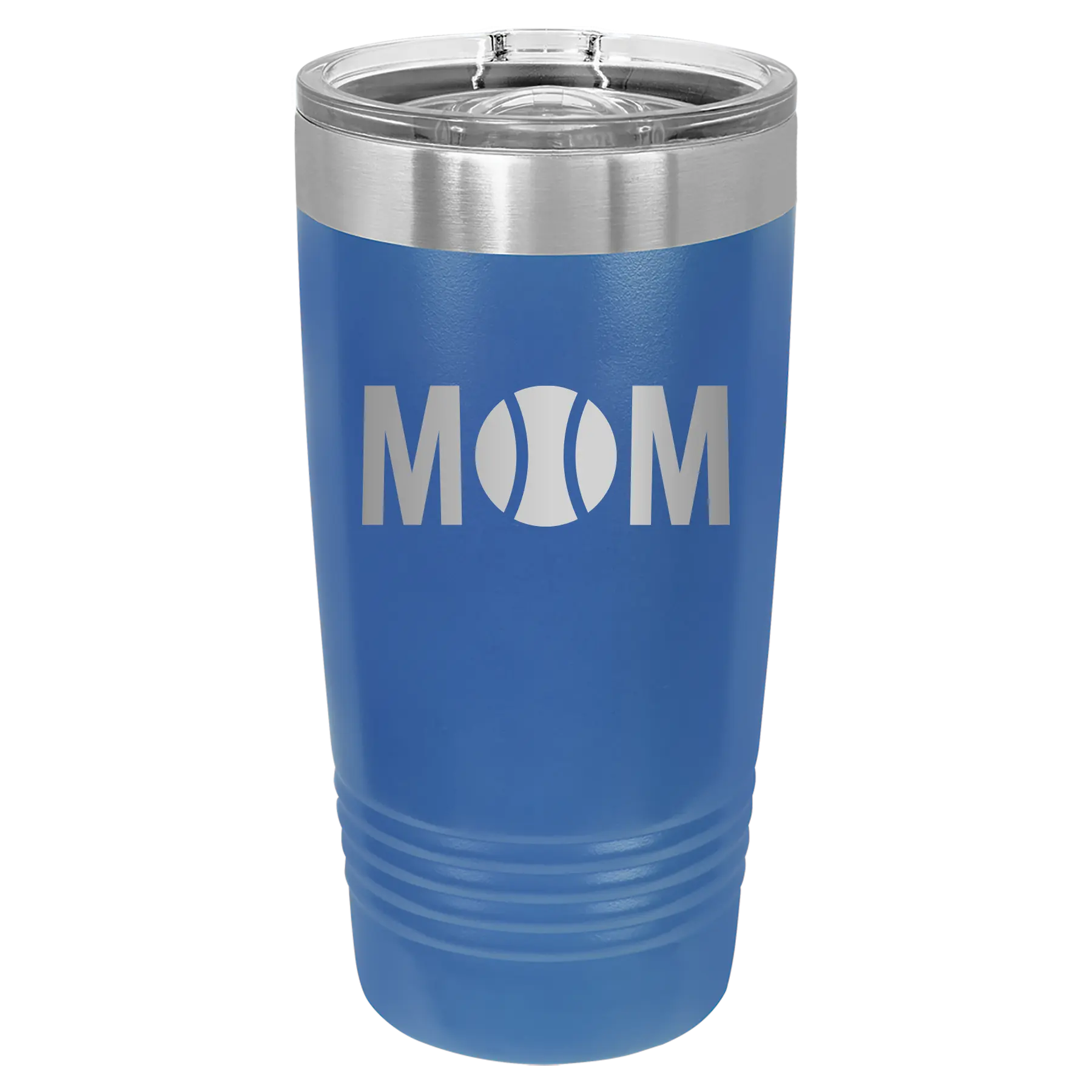 Laser etched royal blue 20 oz vacuum insulated tumbler with 'Mom Tennis' design