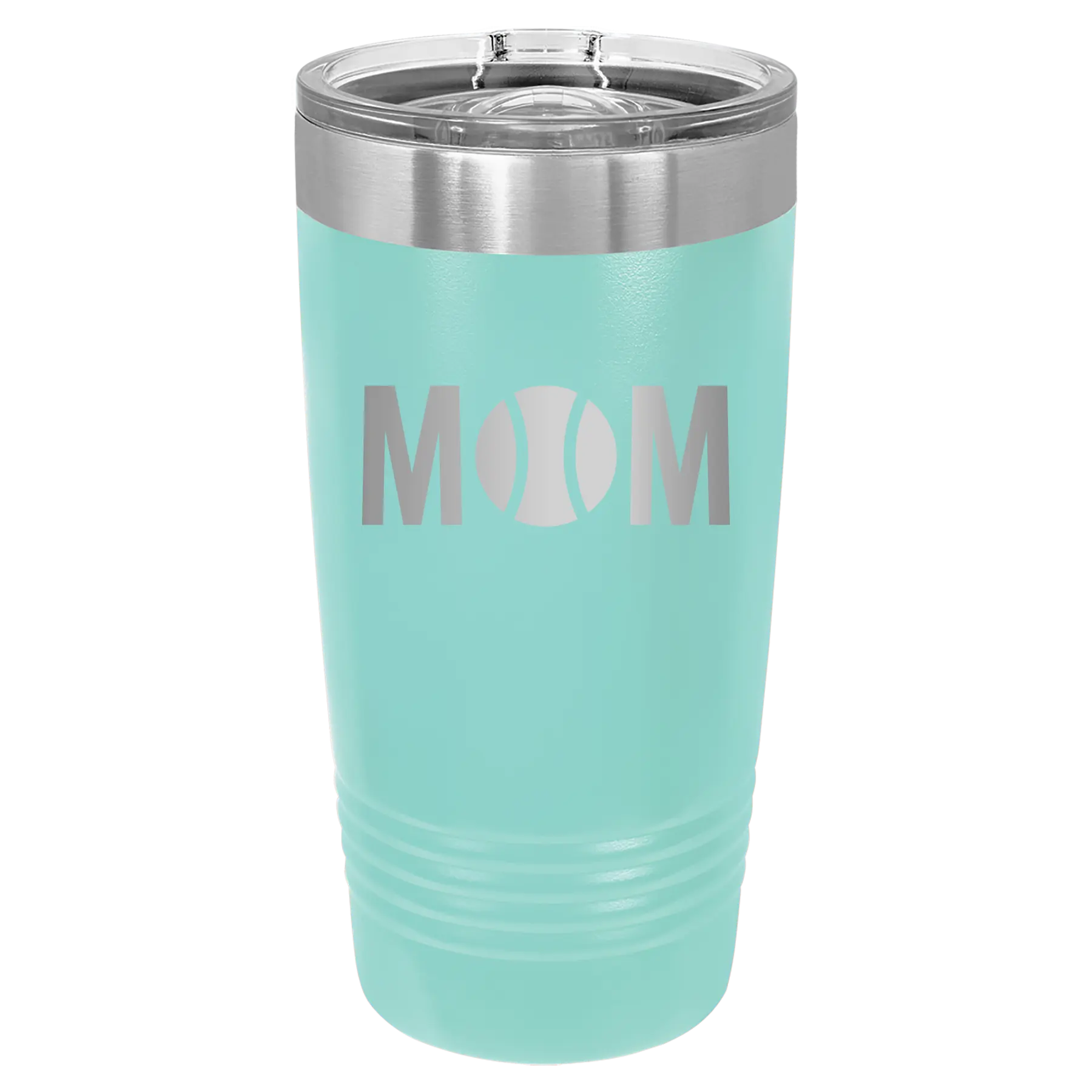 Laser etched teal 20 oz vacuum insulated tumbler with 'Mom Tennis' design