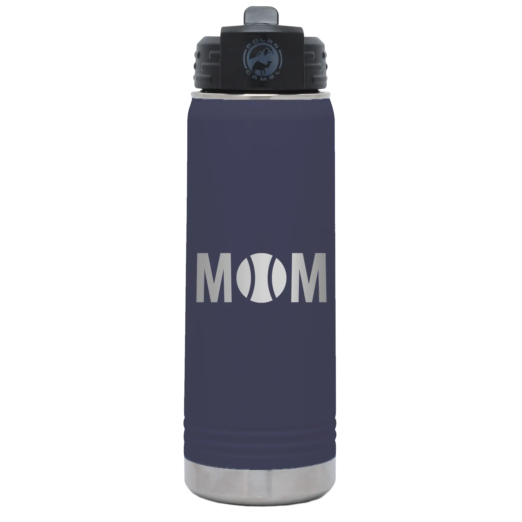 Laser etched navy 20 oz vacuum insulated water bottle with 'Mom Tennis' design