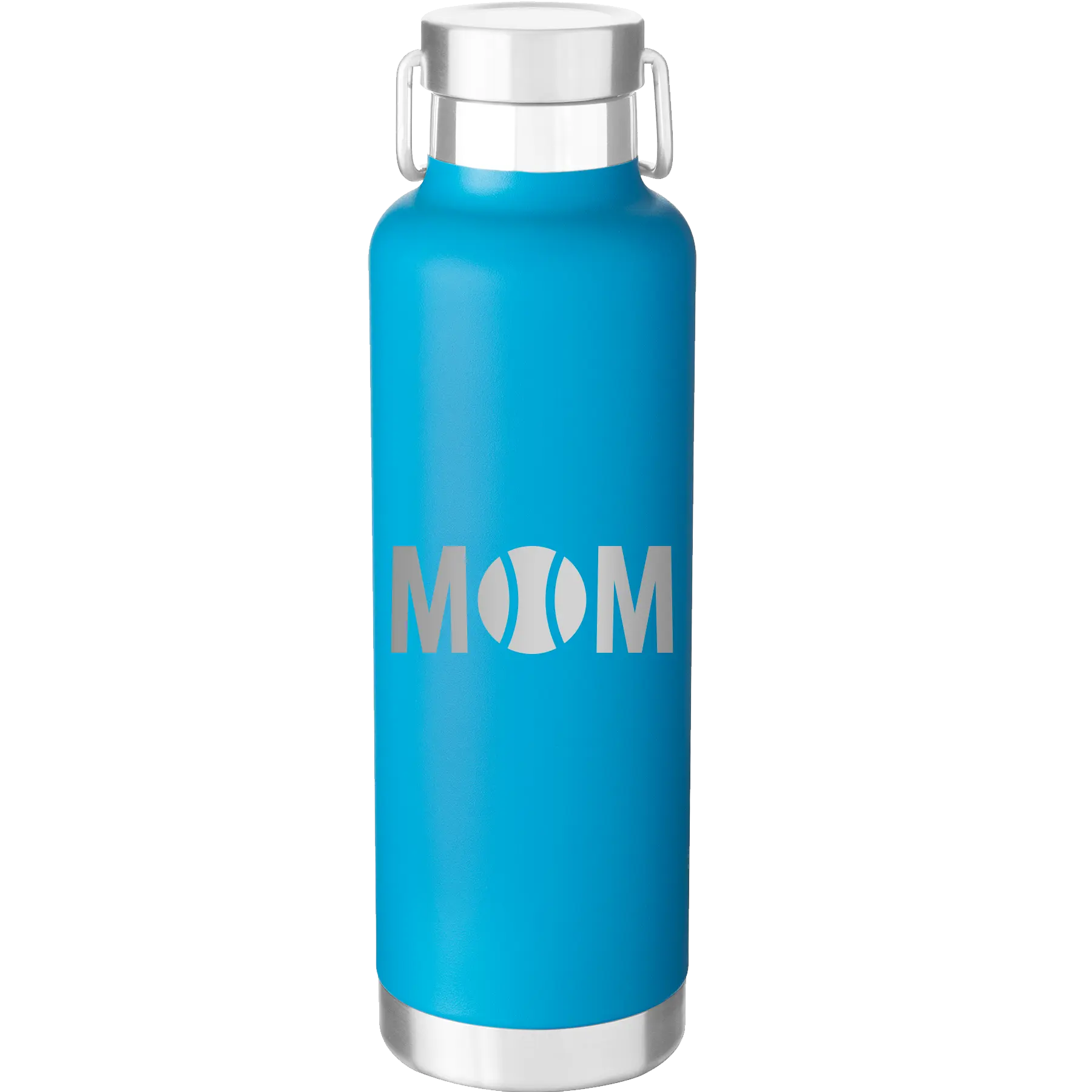 Laser etched aqua 24 oz vacuum insulated water bottle with 'Mom Tennis' design