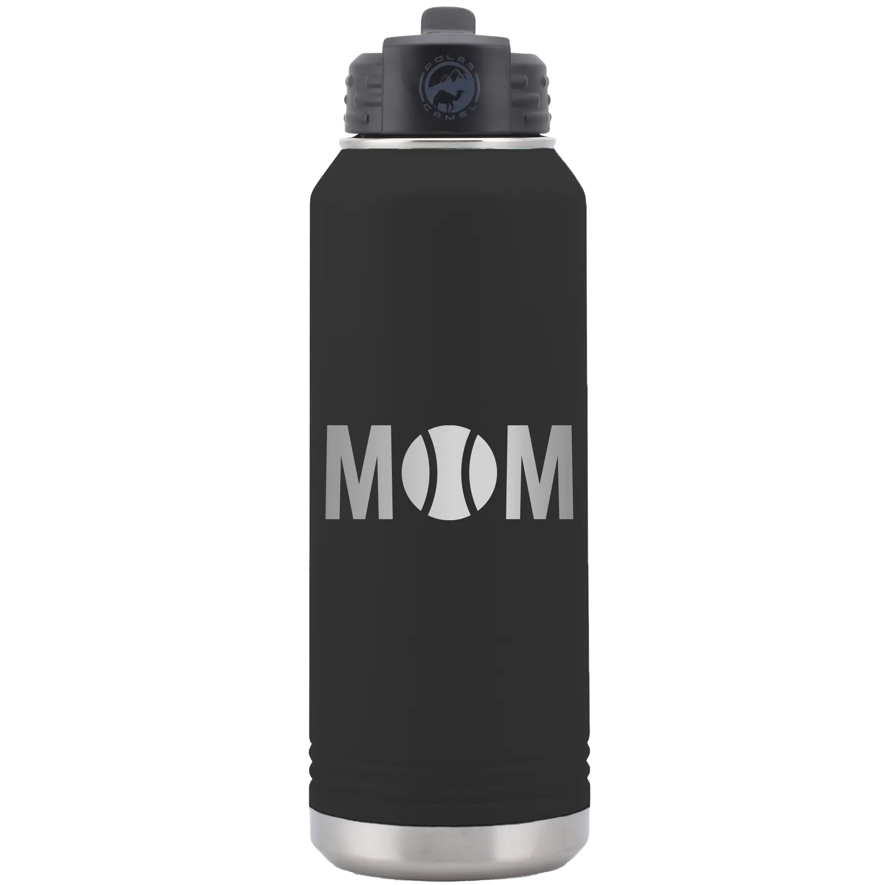 Laser etched black 32 oz vacuum insulated water bottle with 'Mom Tennis' design