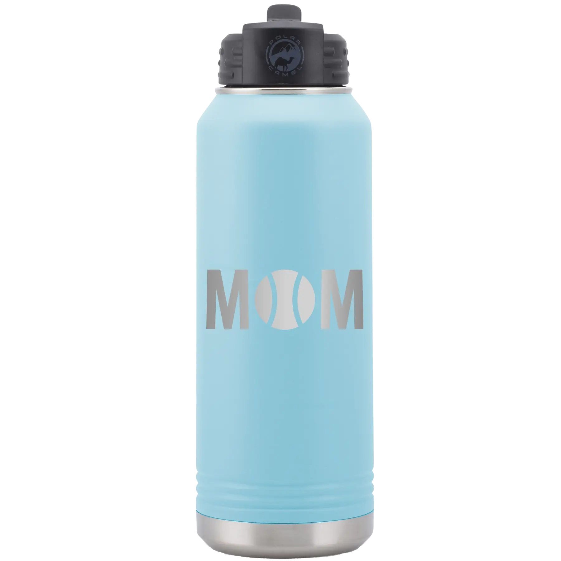 Laser etched light blue 32 oz vacuum insulated water bottle with 'Mom Tennis' design
