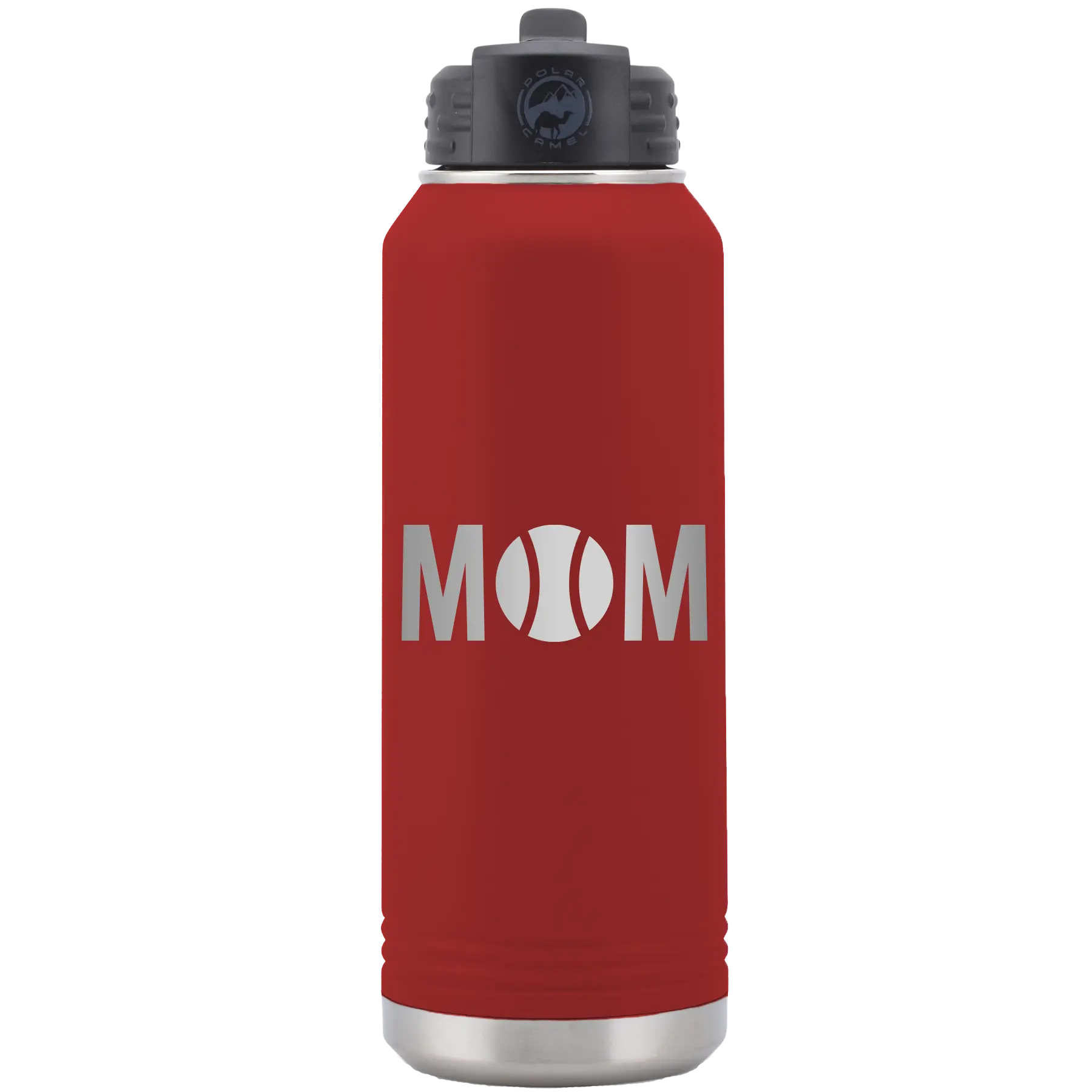 Laser etched maroon 32 oz vacuum insulated water bottle with 'Mom Tennis' design