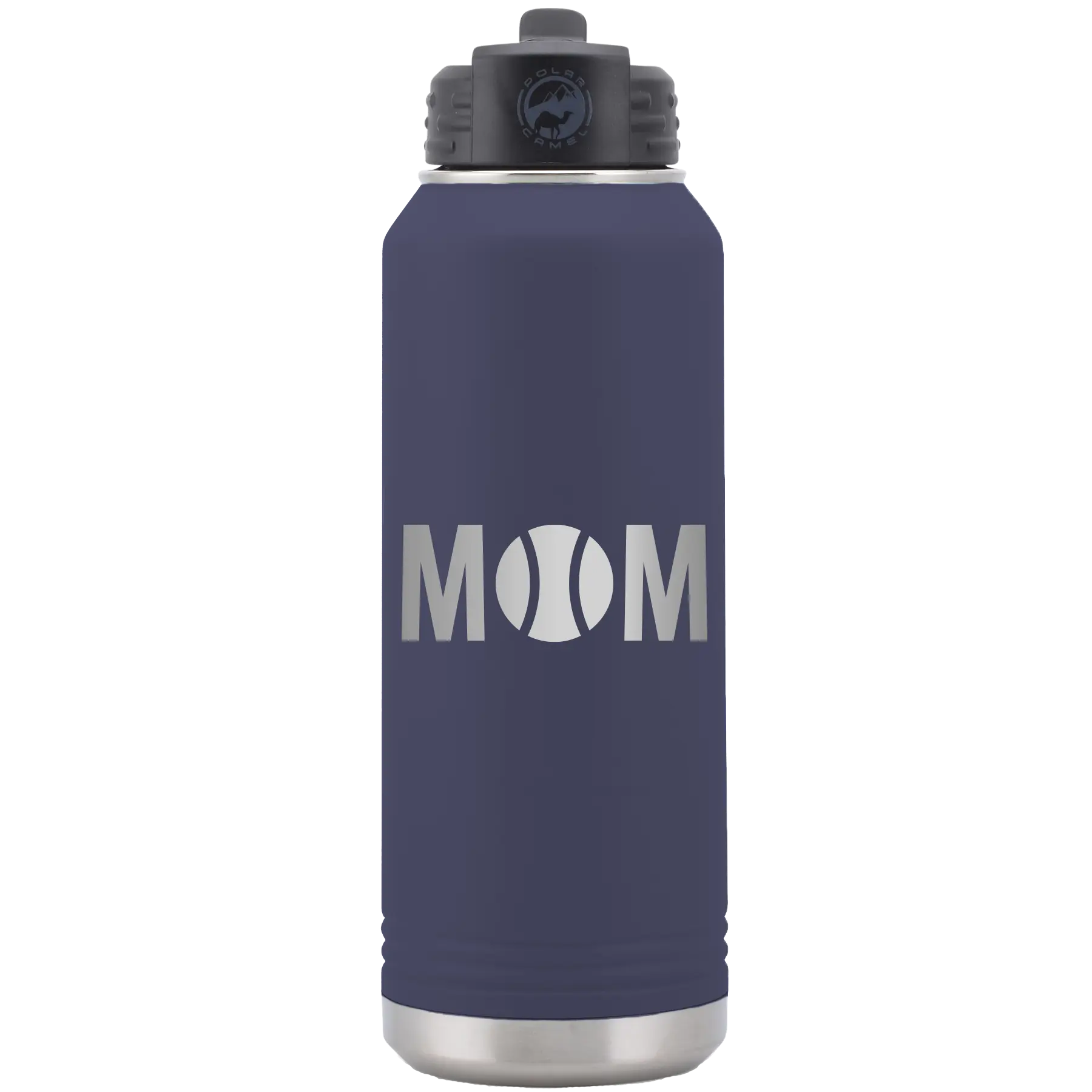 Laser etched navy 32 oz vacuum insulated water bottle with 'Mom Tennis' design