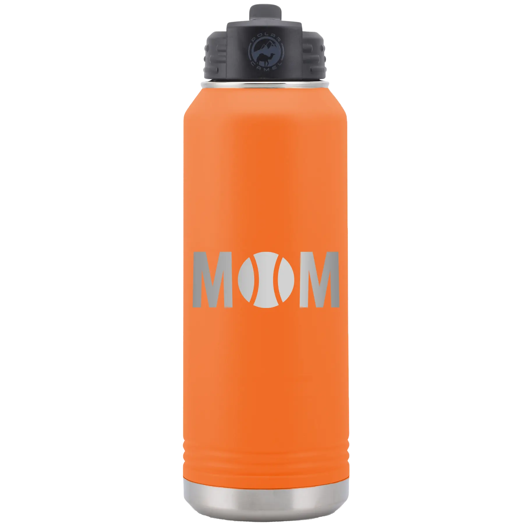 Laser etched orange 32 oz vacuum insulated water bottle with 'Mom Tennis' design