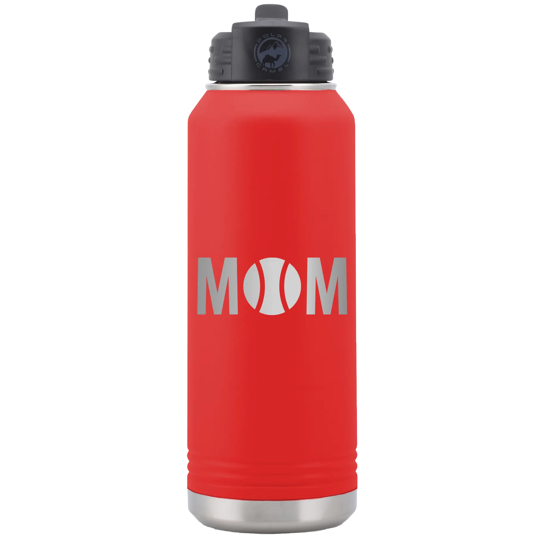 Laser etched red 32 oz vacuum insulated water bottle with 'Mom Tennis' design