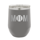 Laser etched dark gray 12 oz vacuum insulated wine cup with 'Mom Tennis' design
