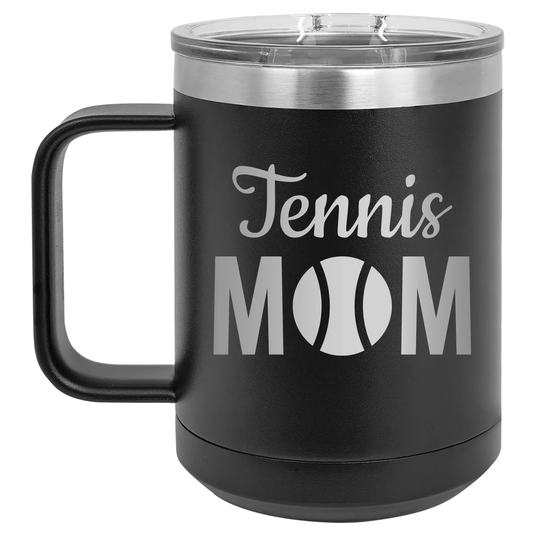 Laser etched black 15 oz vacuum insulated coffee mug with 'Mom Tennis2' design