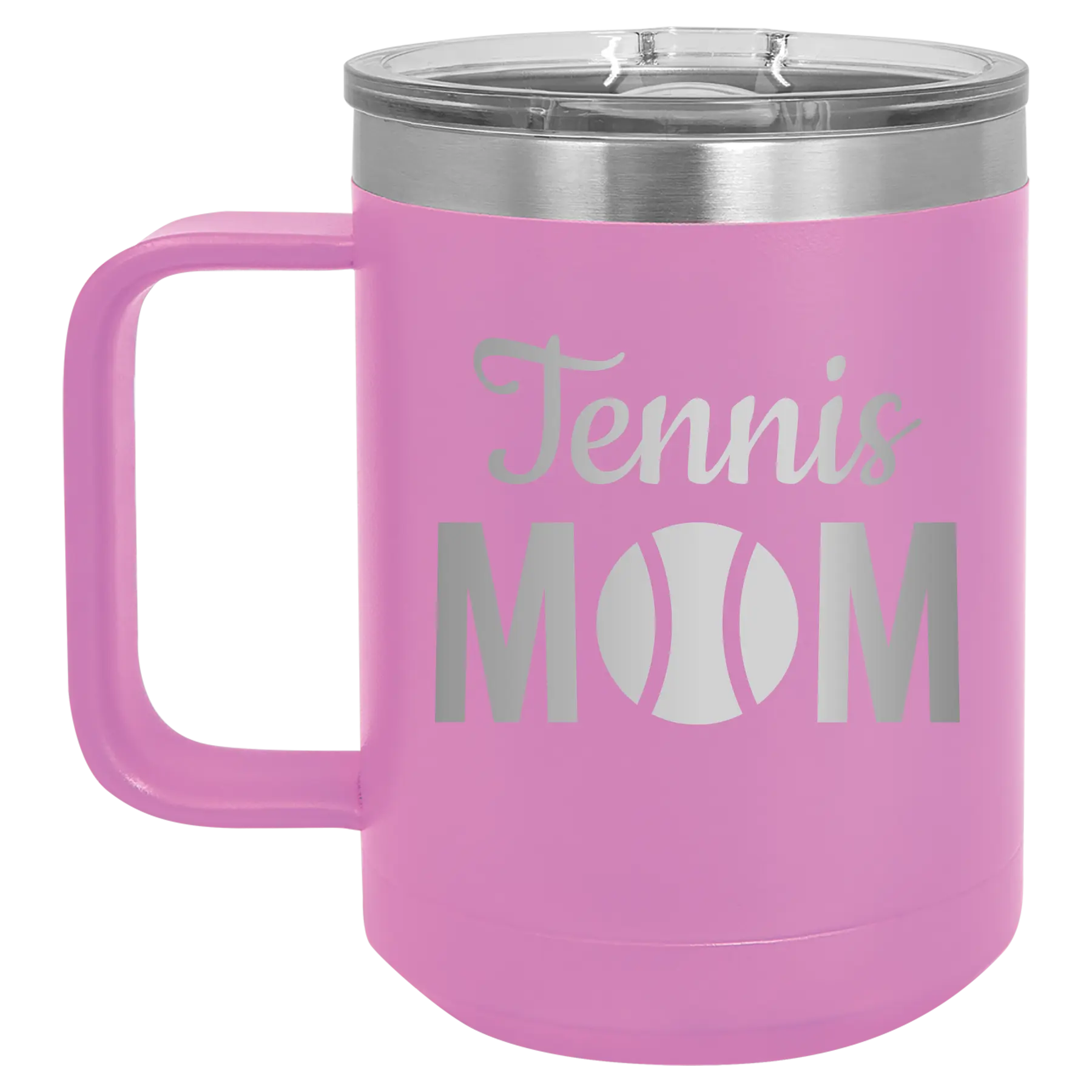 Laser etched light purple 15 oz vacuum insulated coffee mug with 'Mom Tennis2' design