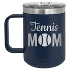 Laser etched navy 15 oz vacuum insulated coffee mug with 'Mom Tennis2' design