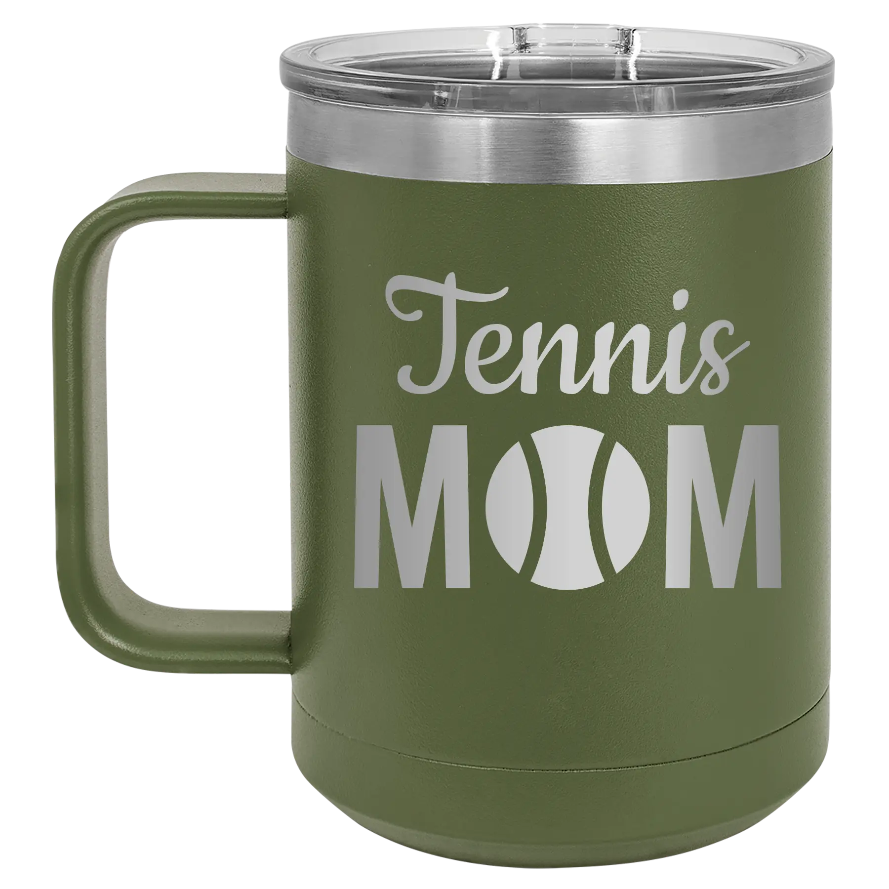 Laser etched olive green 15 oz vacuum insulated coffee mug with 'Mom Tennis2' design