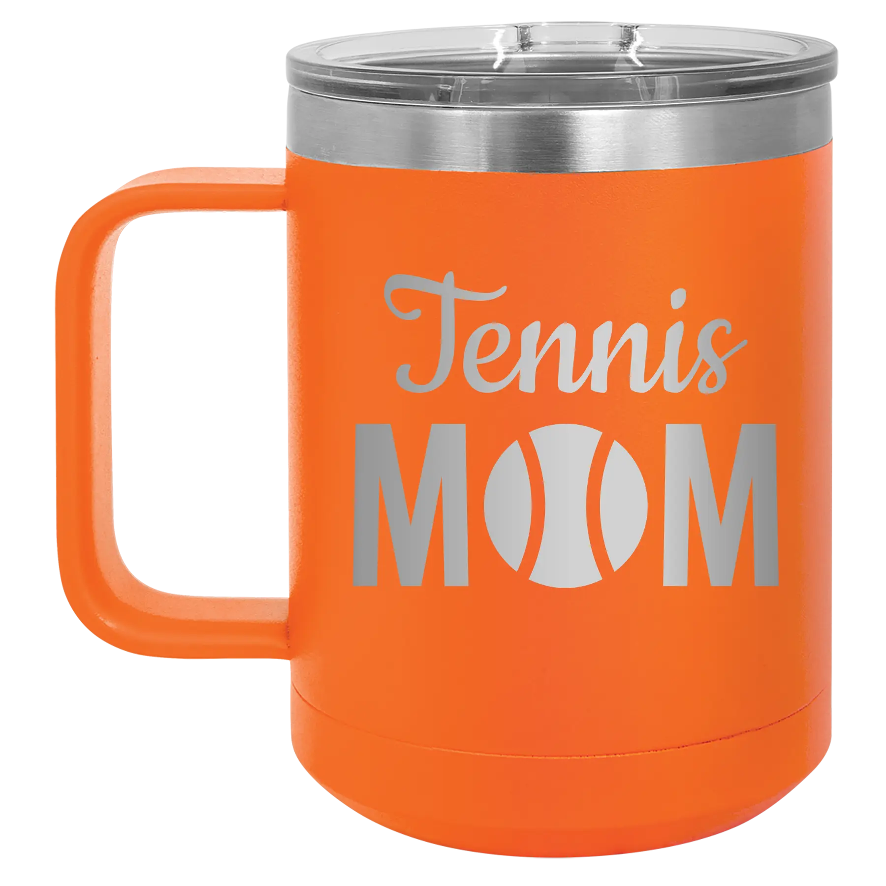 Laser etched orange 15 oz vacuum insulated coffee mug with 'Mom Tennis2' design