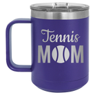 Laser etched purple 15 oz vacuum insulated coffee mug with 'Mom Tennis2' design