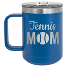 Laser etched royal blue 15 oz vacuum insulated coffee mug with 'Mom Tennis2' design