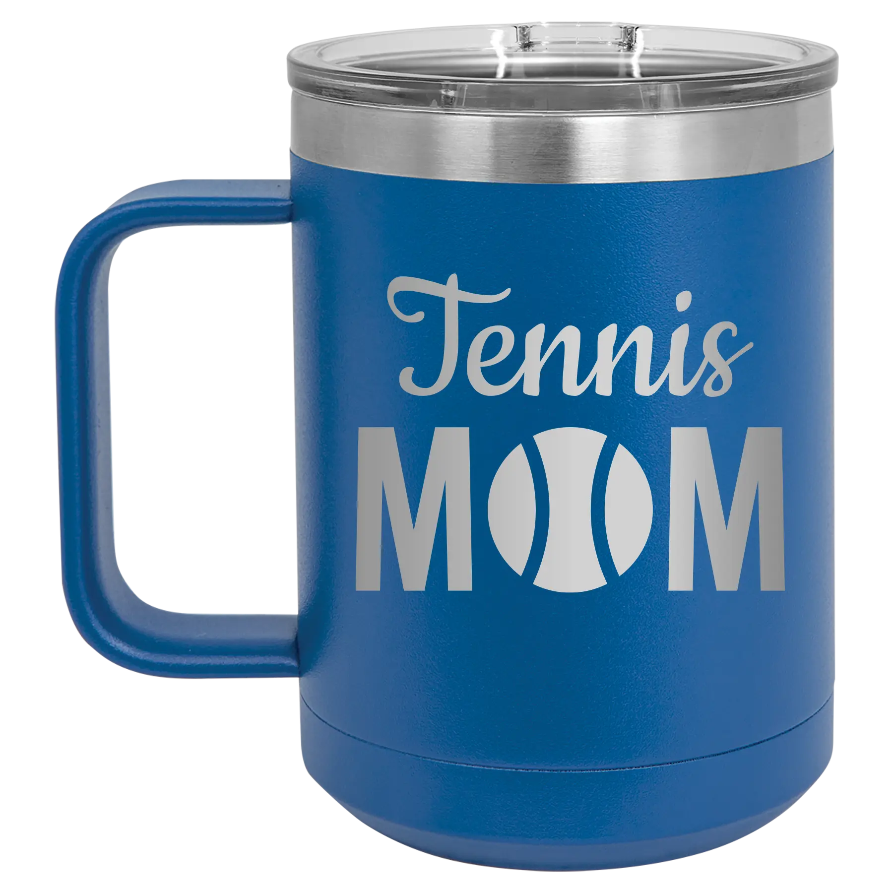 Laser etched royal blue 15 oz vacuum insulated coffee mug with 'Mom Tennis2' design