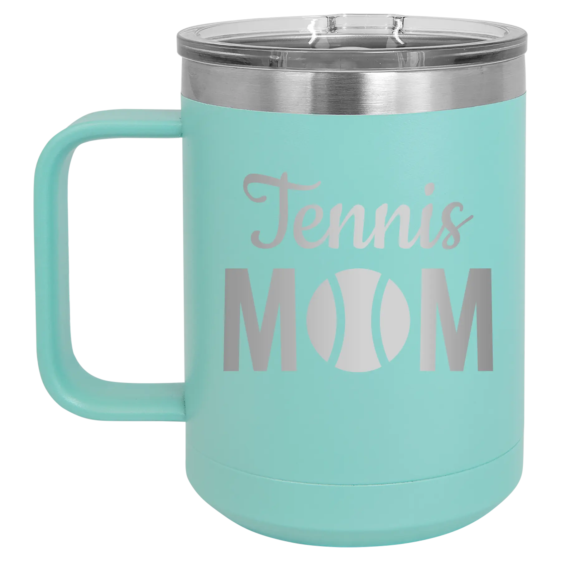 Laser etched teal 15 oz vacuum insulated coffee mug with 'Mom Tennis2' design