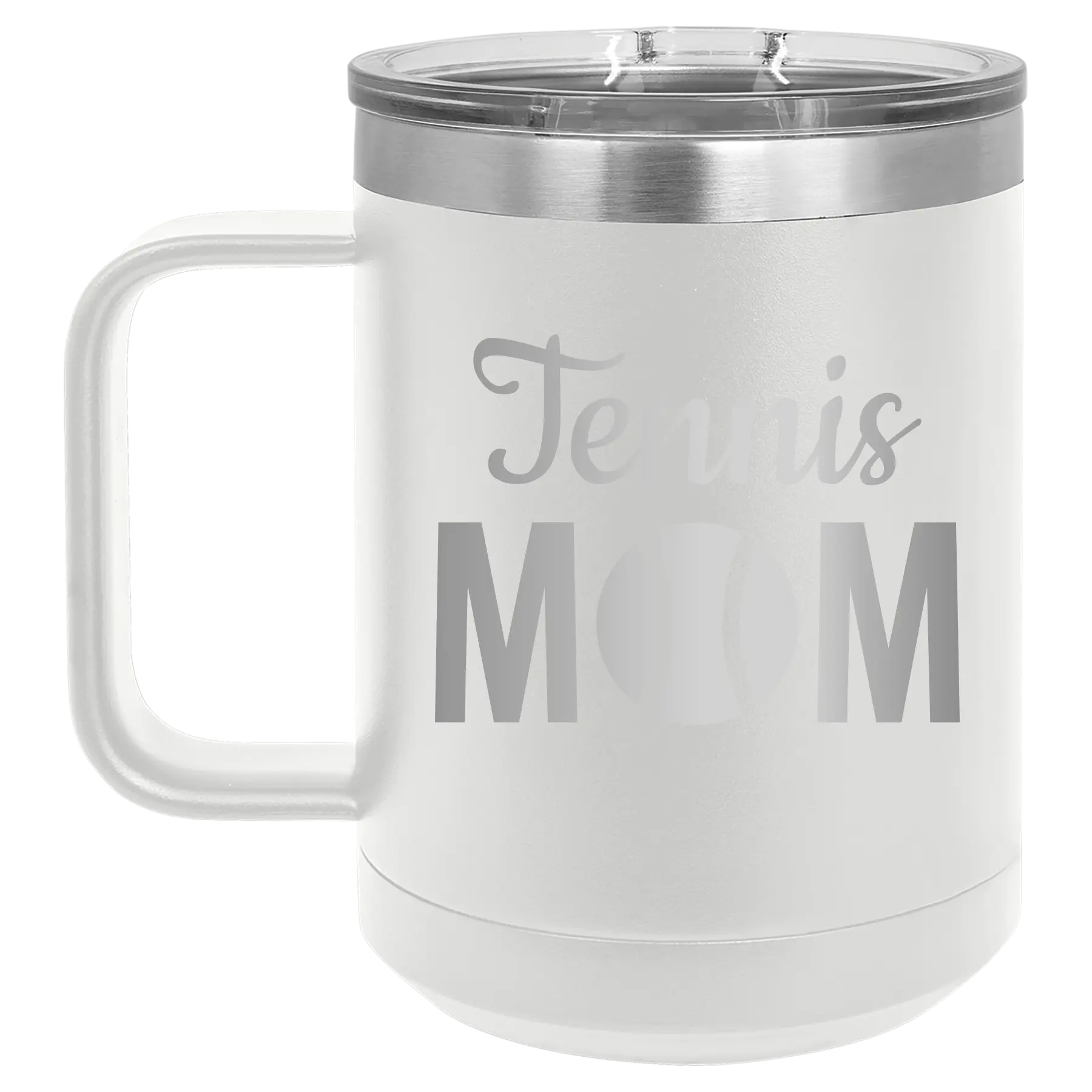 Laser etched white 15 oz vacuum insulated coffee mug with 'Mom Tennis2' design