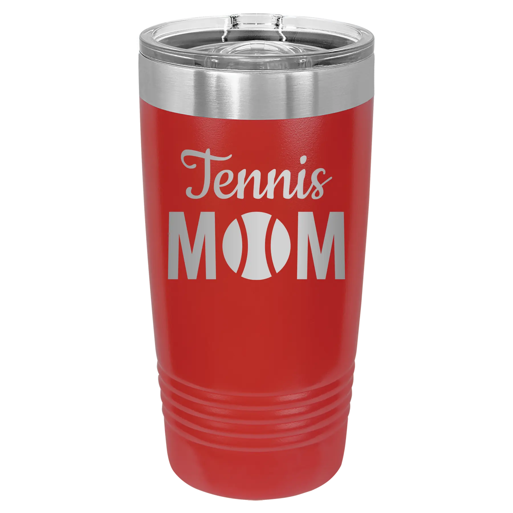 Laser etched red 20 oz vacuum insulated tumbler with 'Mom Tennis2' design