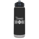 Laser etched black 20 oz vacuum insulated water bottle with 'Mom Tennis2' design