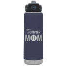 Laser etched navy 20 oz vacuum insulated water bottle with 'Mom Tennis2' design
