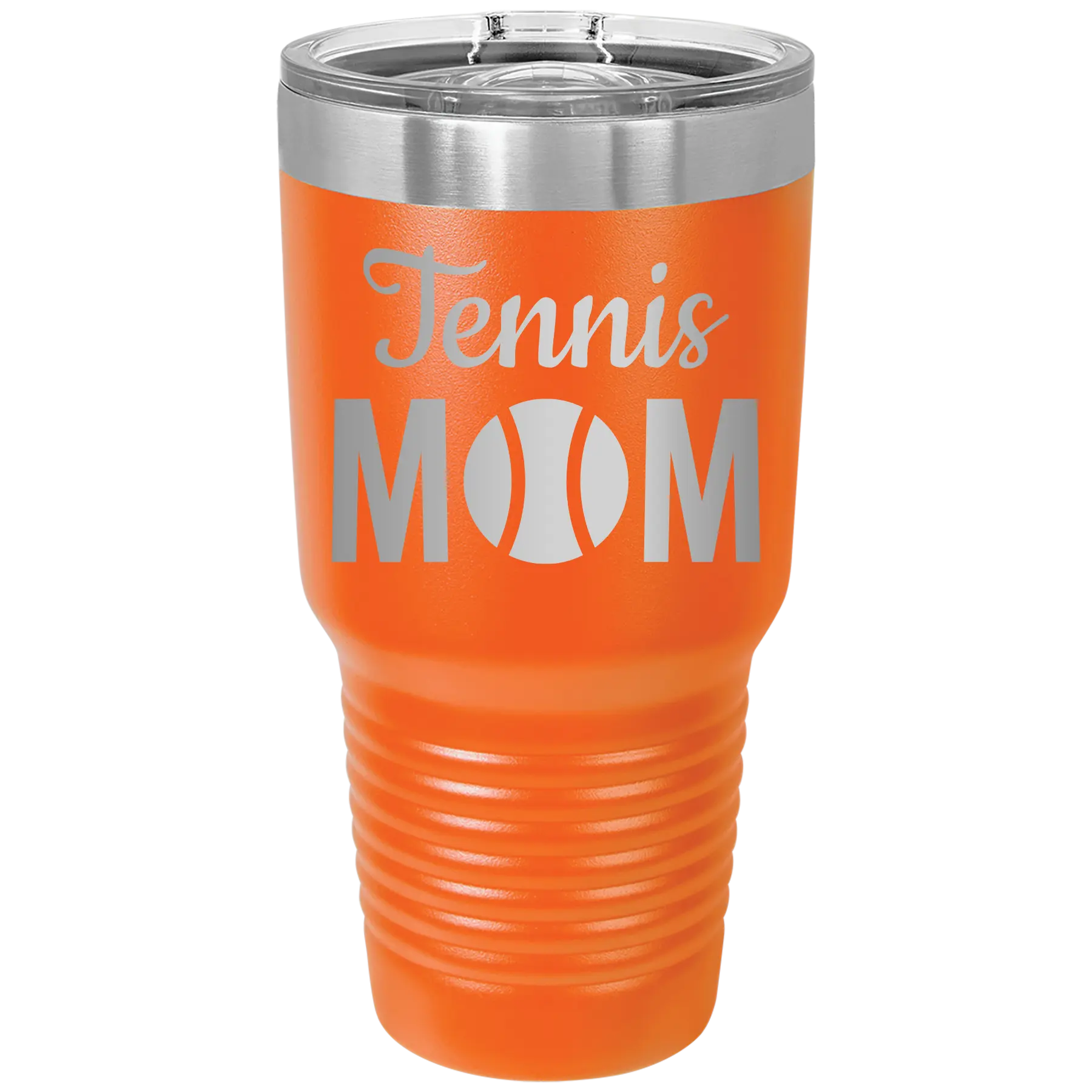 Laser etched orange 30 oz vacuum insulated tumbler with 'Mom Tennis2' design