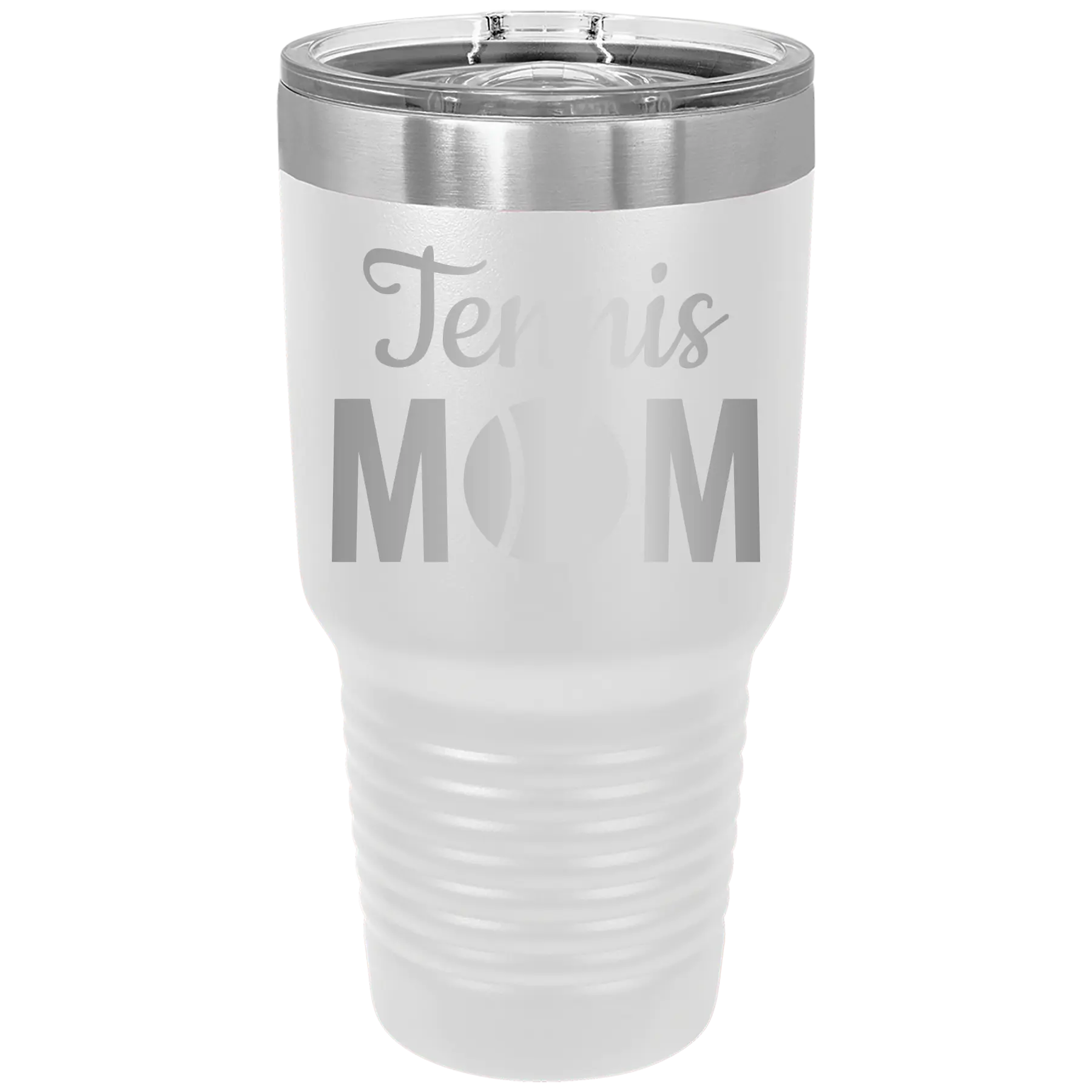 Laser etched white 30 oz vacuum insulated tumbler with 'Mom Tennis2' design