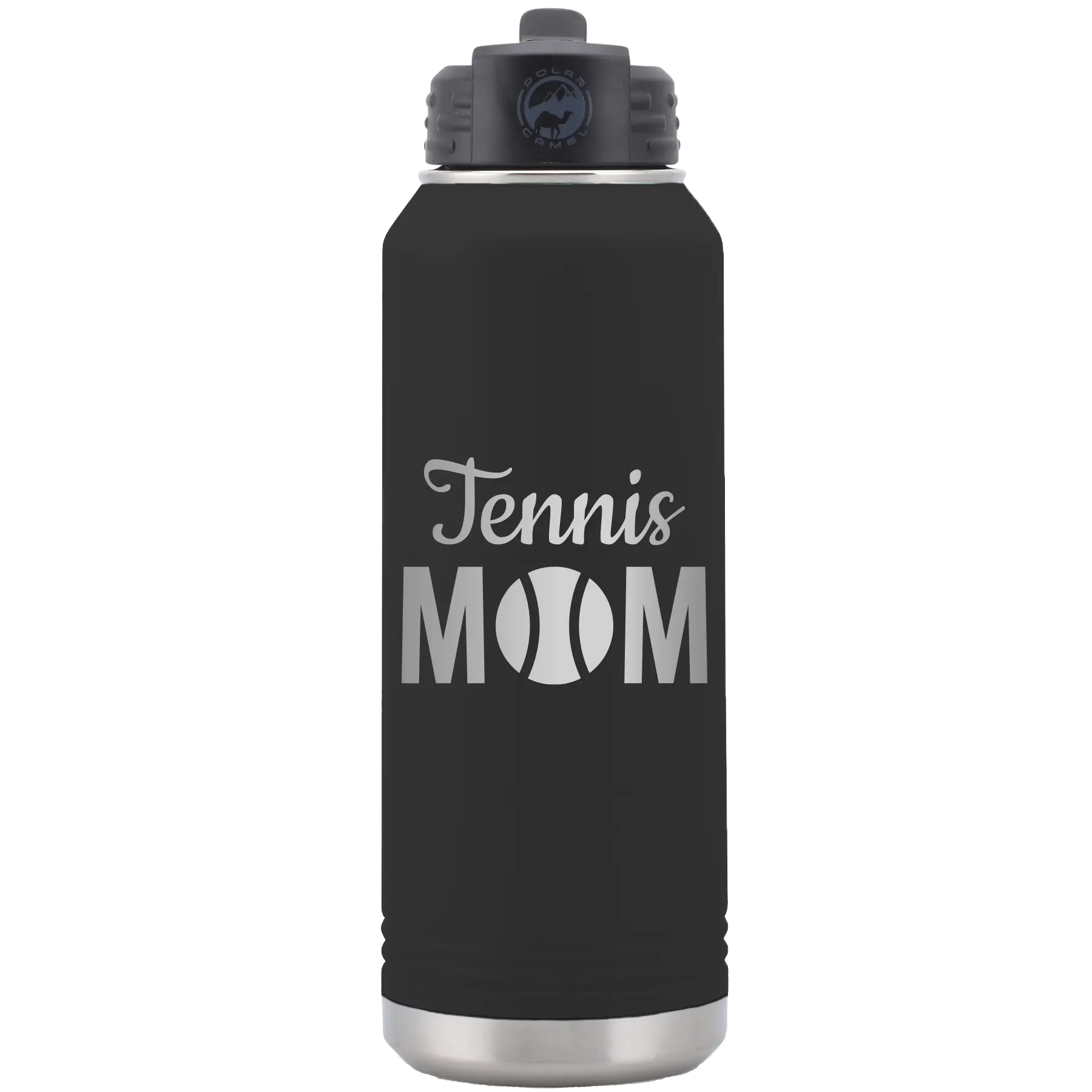 Laser etched black 32 oz vacuum insulated water bottle with 'Mom Tennis2' design