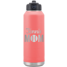 Laser etched coral 32 oz vacuum insulated water bottle with 'Mom Tennis2' design