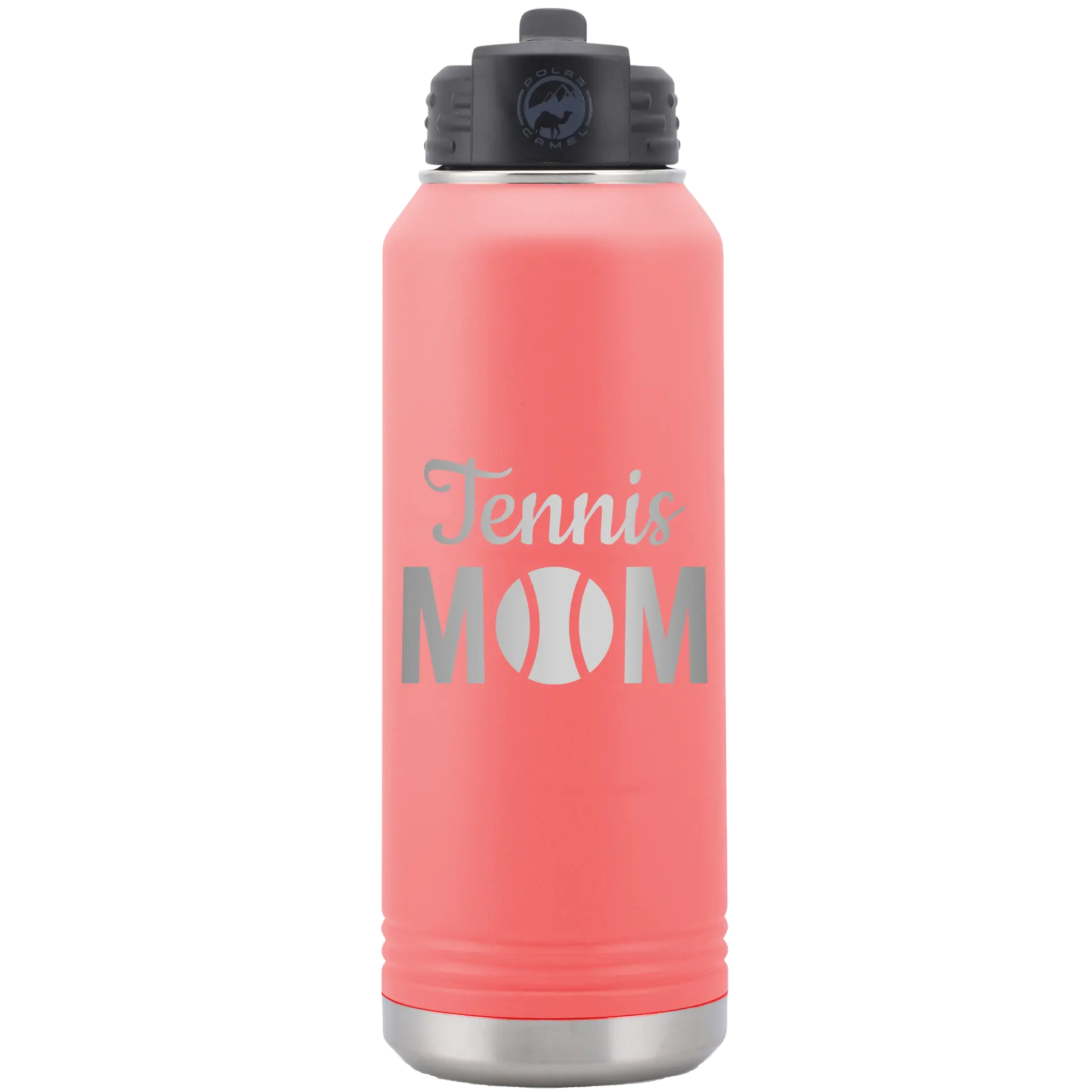 Laser etched coral 32 oz vacuum insulated water bottle with 'Mom Tennis2' design