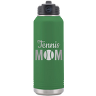 Laser etched green 32 oz vacuum insulated water bottle with 'Mom Tennis2' design