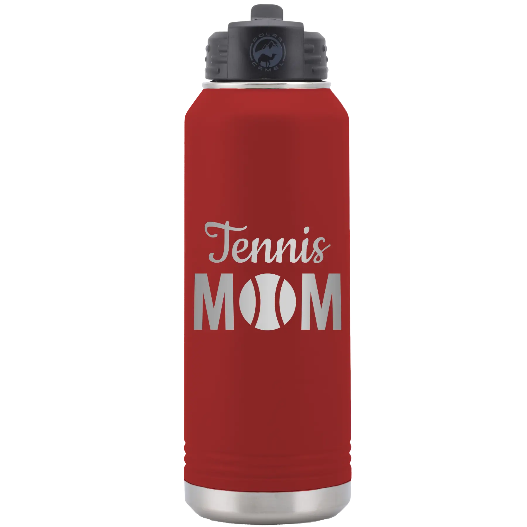 Laser etched maroon 32 oz vacuum insulated water bottle with 'Mom Tennis2' design