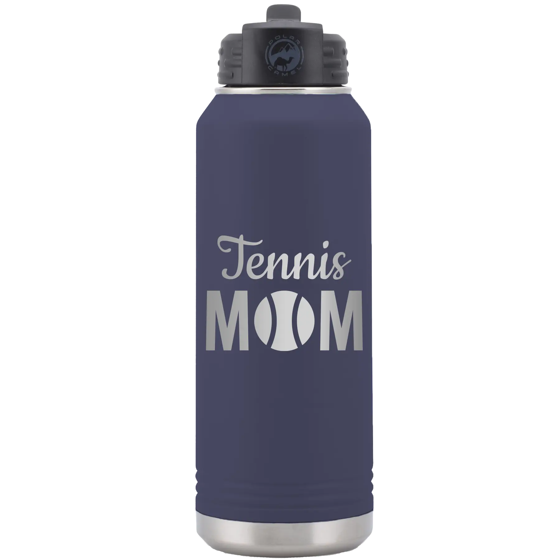 Laser etched navy 32 oz vacuum insulated water bottle with 'Mom Tennis2' design