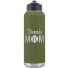 Laser etched olive green 32 oz vacuum insulated water bottle with 'Mom Tennis2' design