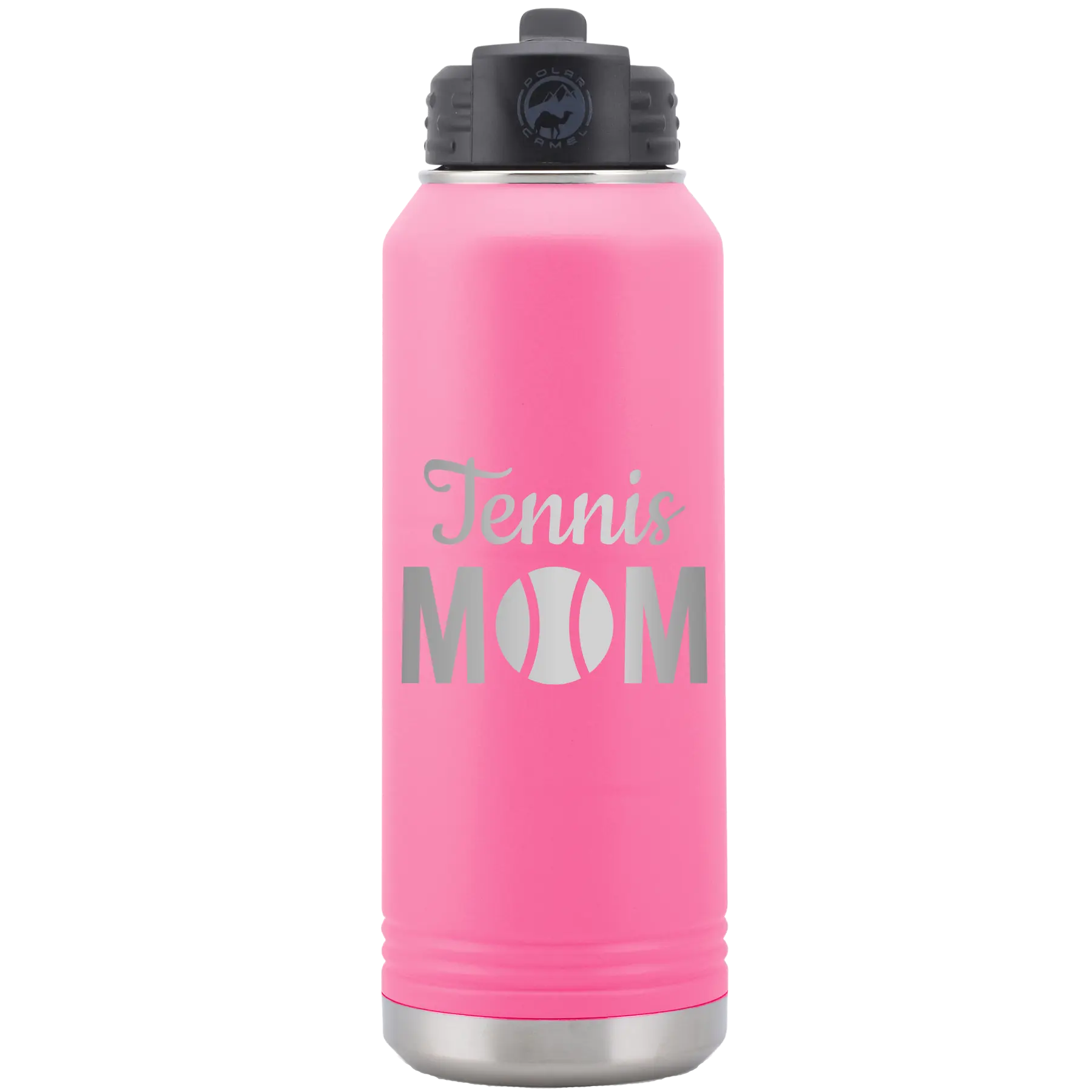 Laser etched pink 32 oz vacuum insulated water bottle with 'Mom Tennis2' design