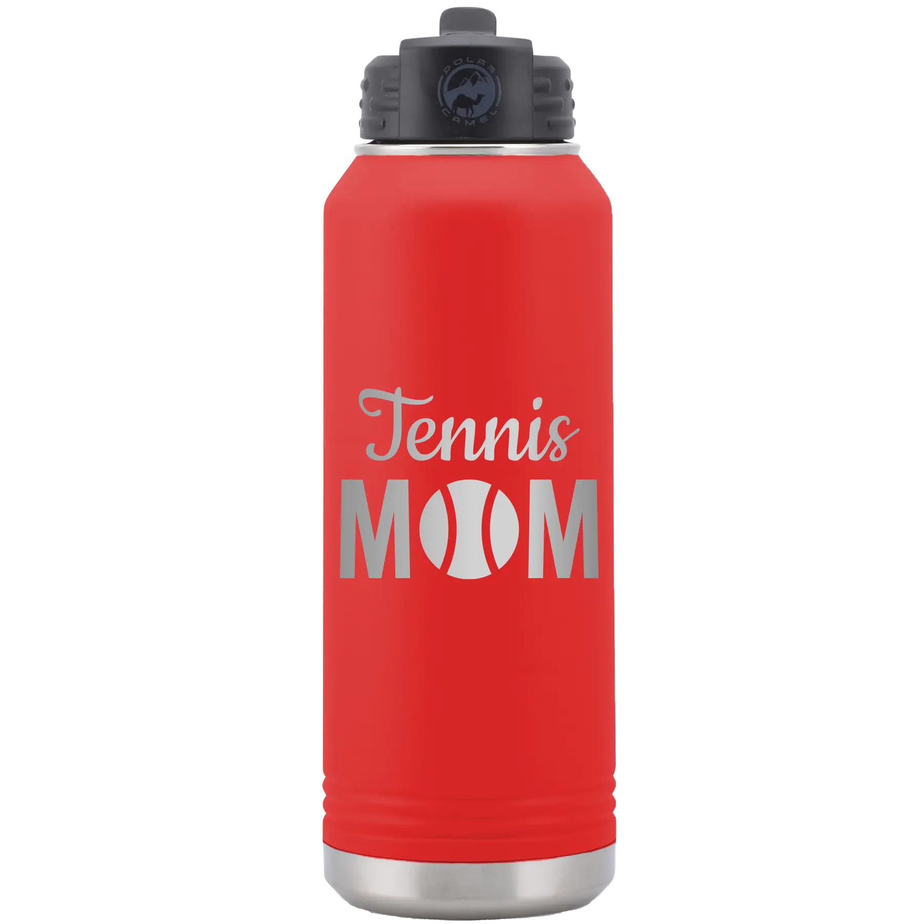 Laser etched red 32 oz vacuum insulated water bottle with 'Mom Tennis2' design