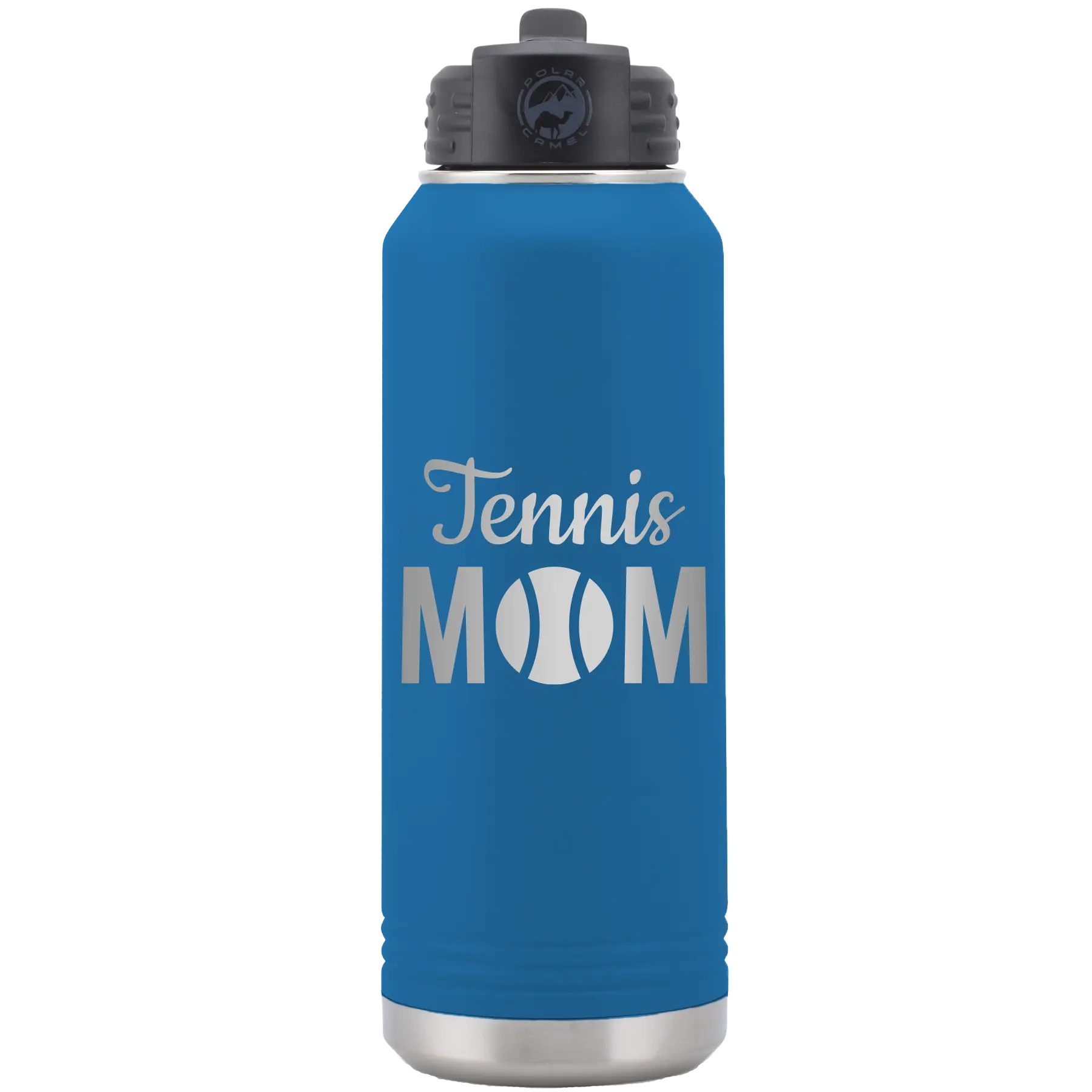 Laser etched royal blue 32 oz vacuum insulated water bottle with 'Mom Tennis2' design