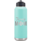 Laser etched teal 32 oz vacuum insulated water bottle with 'Mom Tennis2' design