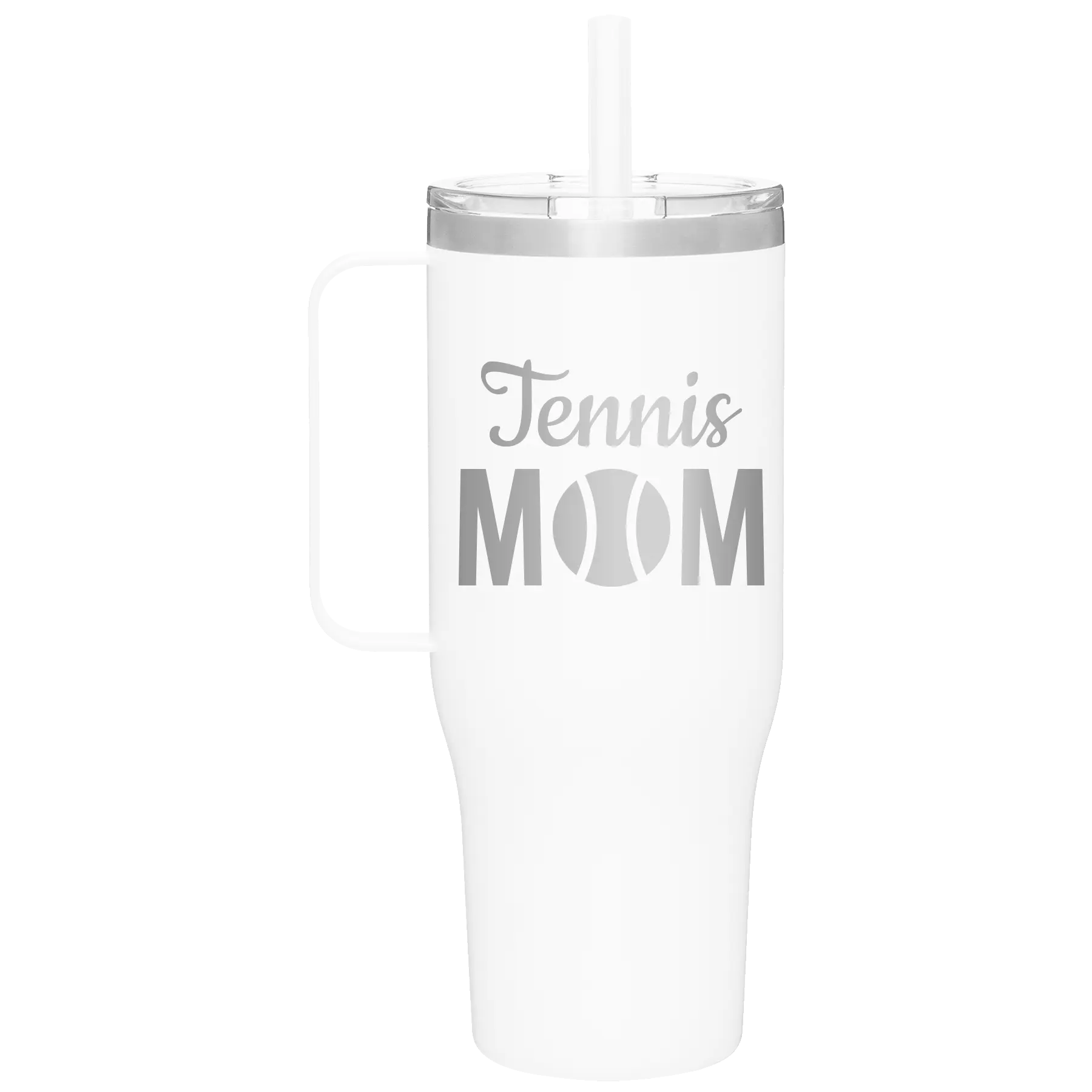 Laser etched white 40 oz vacuum insulated tumbler mug with 'Mom Tennis2' design
