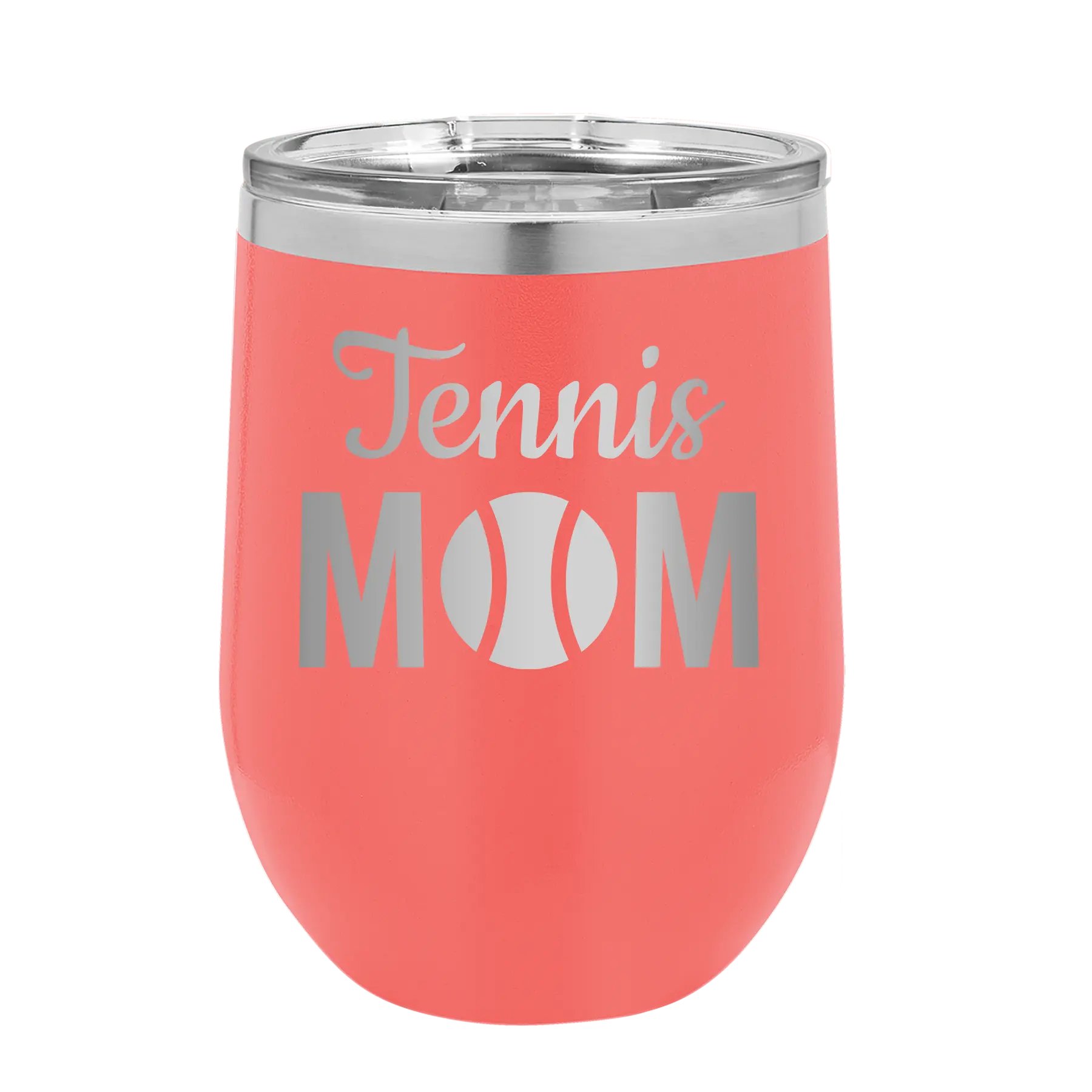 Laser etched coral 12 oz vacuum insulated wine cup with 'Mom Tennis2' design