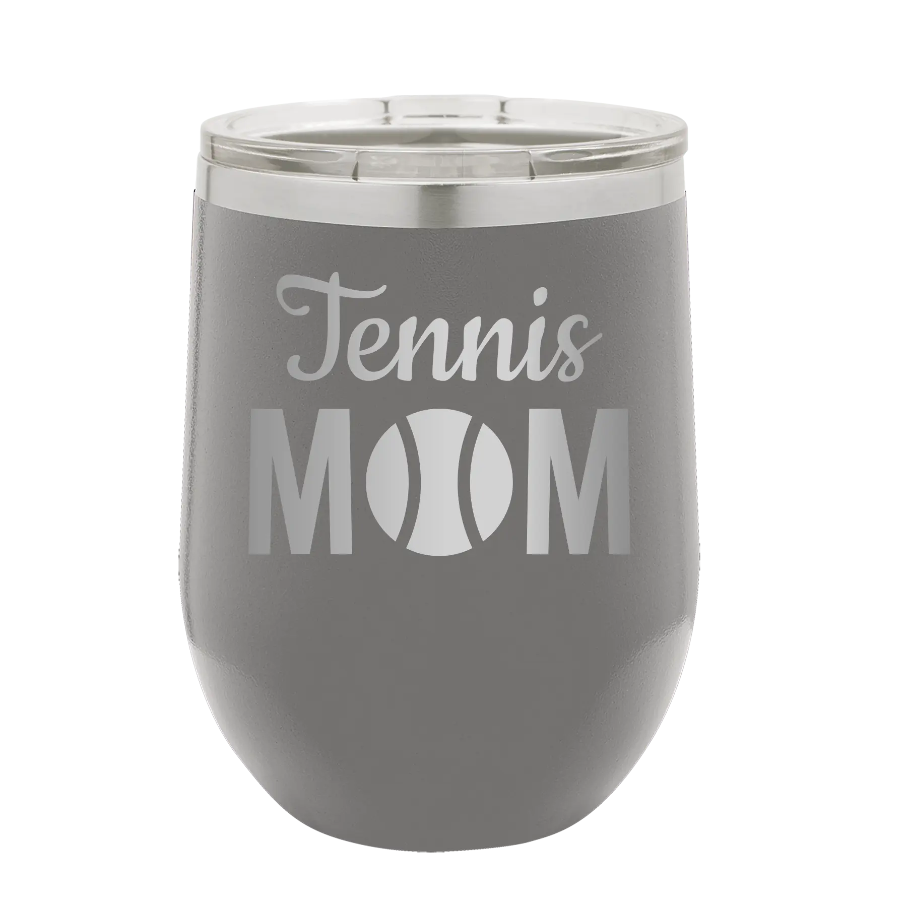 Laser etched dark gray 12 oz vacuum insulated wine cup with 'Mom Tennis2' design