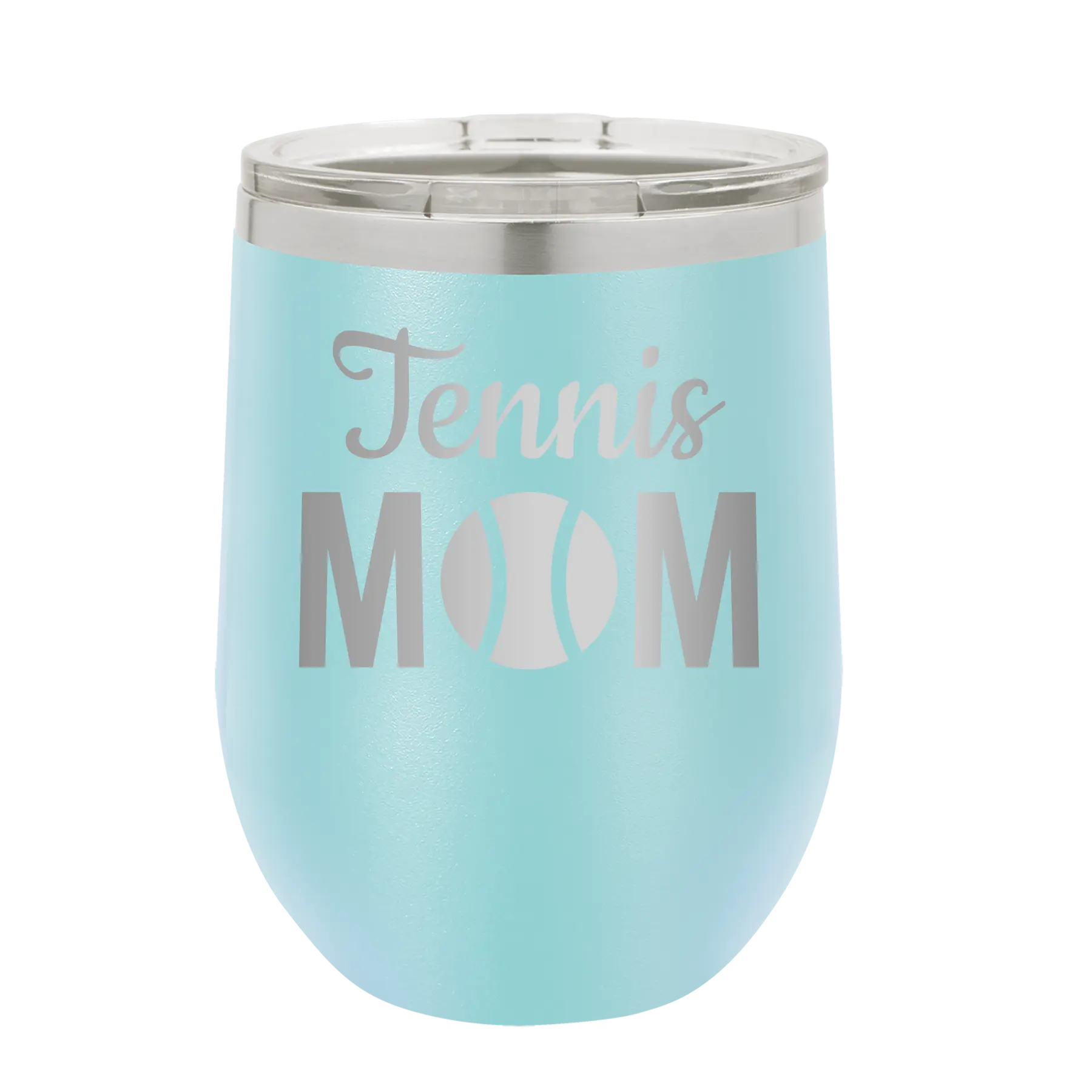 Laser etched light blue 12 oz vacuum insulated wine cup with 'Mom Tennis2' design