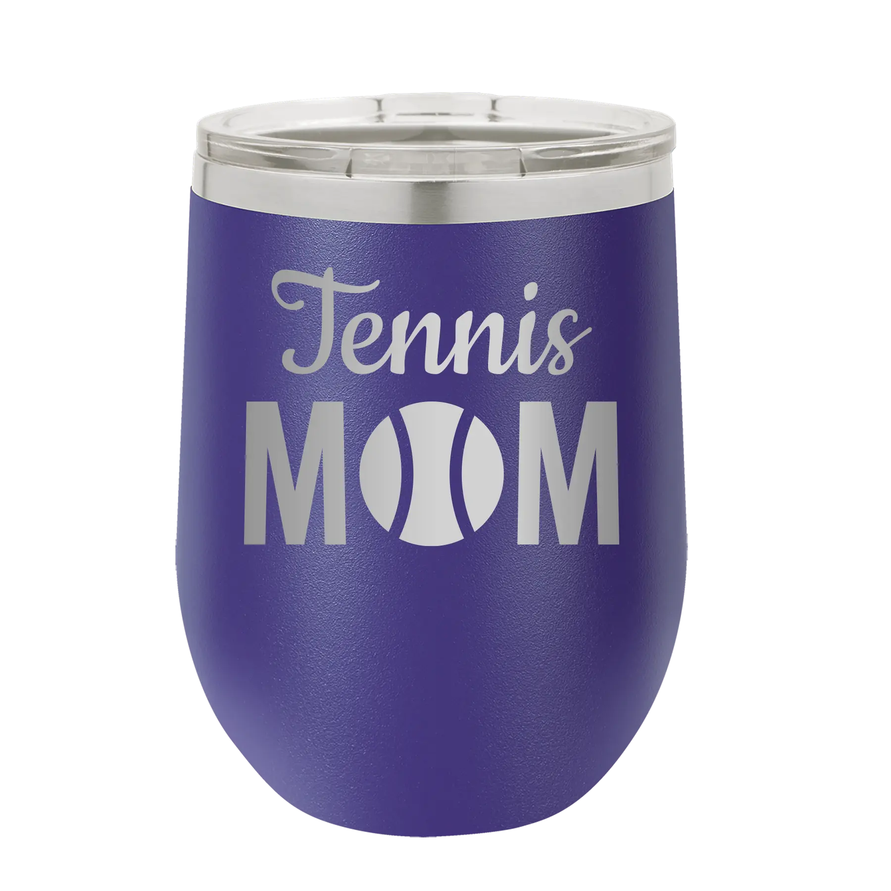 Laser etched purple 12 oz vacuum insulated wine cup with 'Mom Tennis2' design