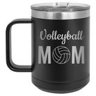 Laser etched black 15 oz vacuum insulated coffee mug with 'Mom Volleyball2' design