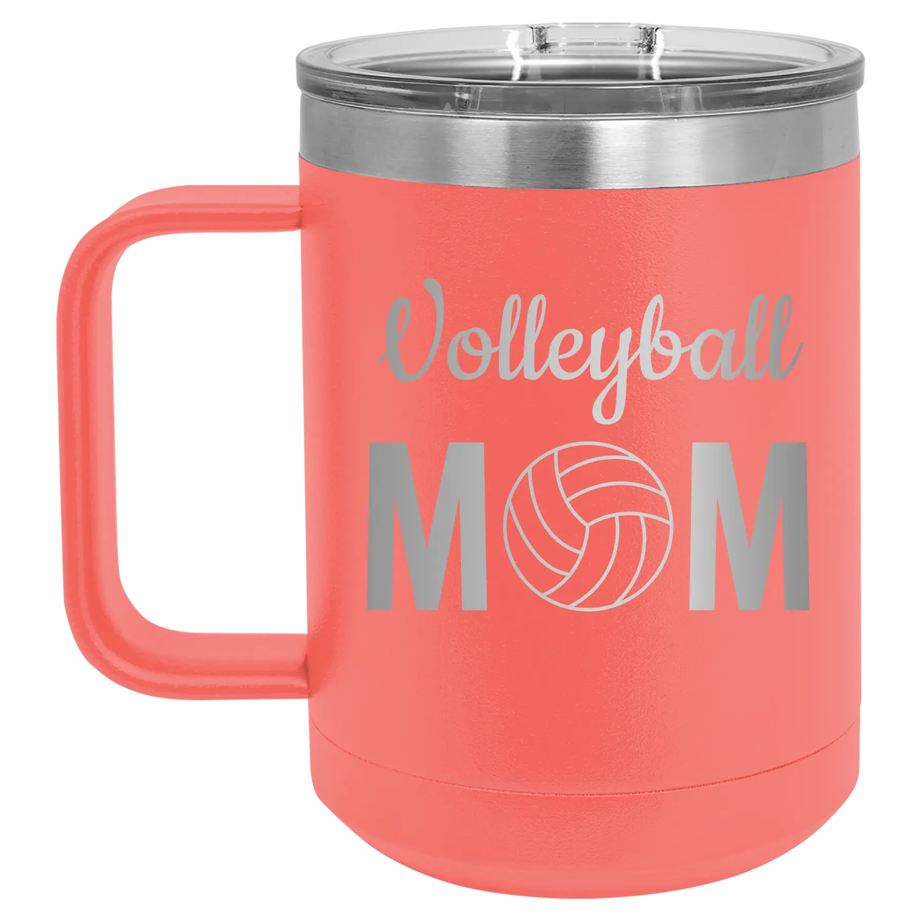 Laser etched coral 15 oz vacuum insulated coffee mug with 'Mom Volleyball2' design