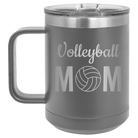 Laser etched dark gray 15 oz vacuum insulated coffee mug with 'Mom Volleyball2' design