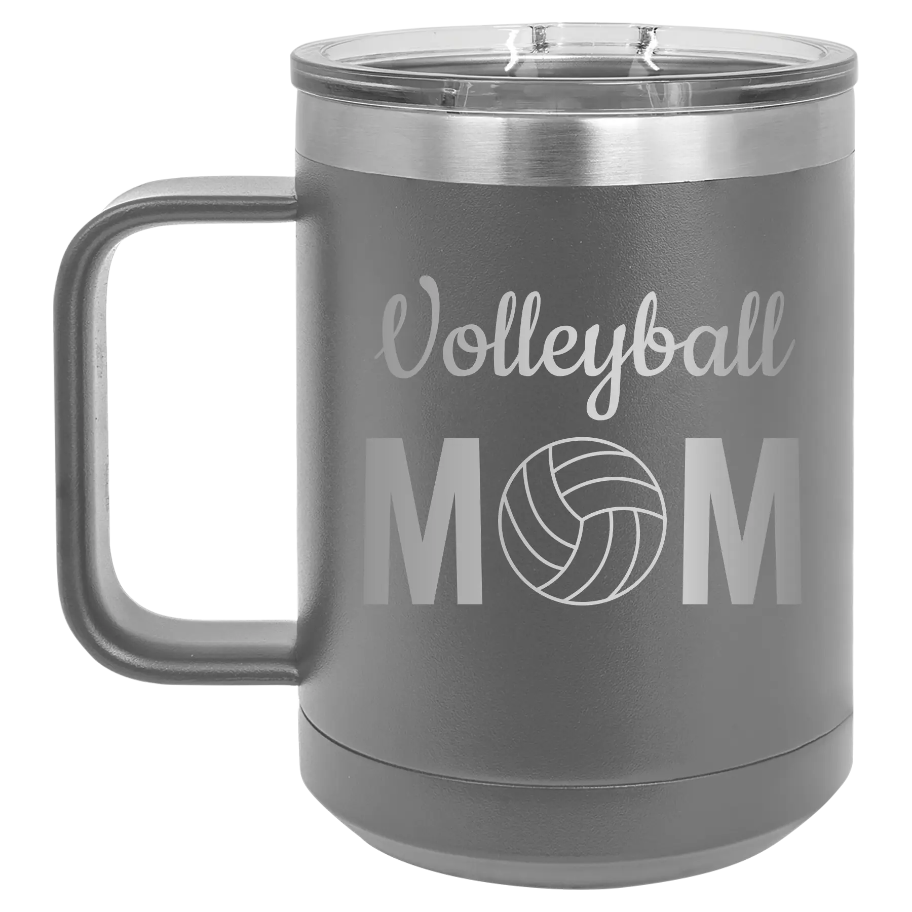 Laser etched dark gray 15 oz vacuum insulated coffee mug with 'Mom Volleyball2' design