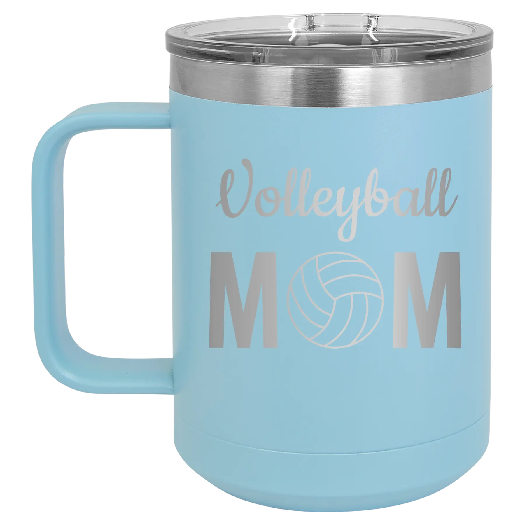 Laser etched light blue 15 oz vacuum insulated coffee mug with 'Mom Volleyball2' design