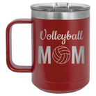 Laser etched maroon 15 oz vacuum insulated coffee mug with 'Mom Volleyball2' design